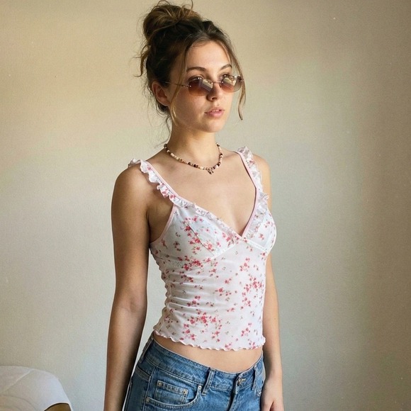 Esprit Tops - Vintage Y2K EDC by Esprit Tank Top Womens Small White Floral Mesh Ruffle Trim